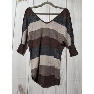 Express Sweater Womens Small Brown Metallic Stripe Tunic Dolman 3/4 Sleeve‎ Top